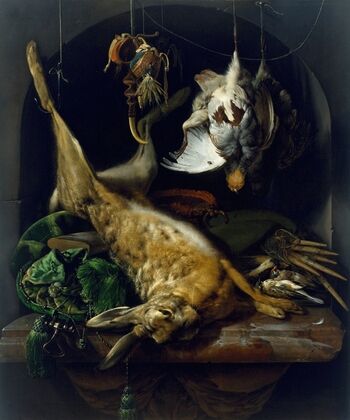 Still Life of a Dead Hare, Partridges, and Other Birds in a Niche