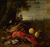 Still life of a lobster, oysters and lemons beneath a tree, with a view of Brussels beyond
