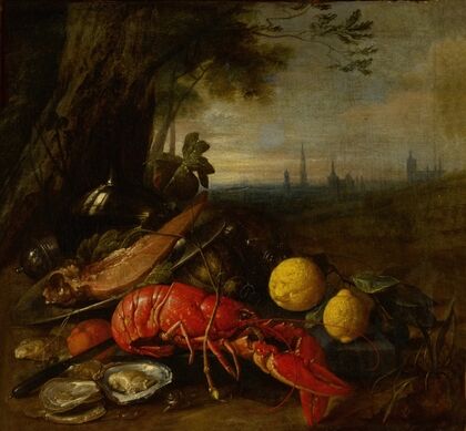 Still life of a lobster, oysters and lemons beneath a tree, with a view of Brussels beyond