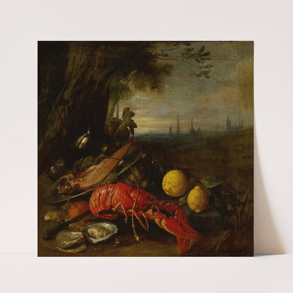 Still life of a lobster, oysters and lemons beneath a tree, with a view of Brussels beyond by Cornelis de Heem
