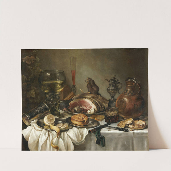 Still Life Of A Roemer, An Earthenware Jug, An Overturned Silver Beaker, A Ham And Other Objects Arranged Upon A Draped Table Top by Pieter Claesz