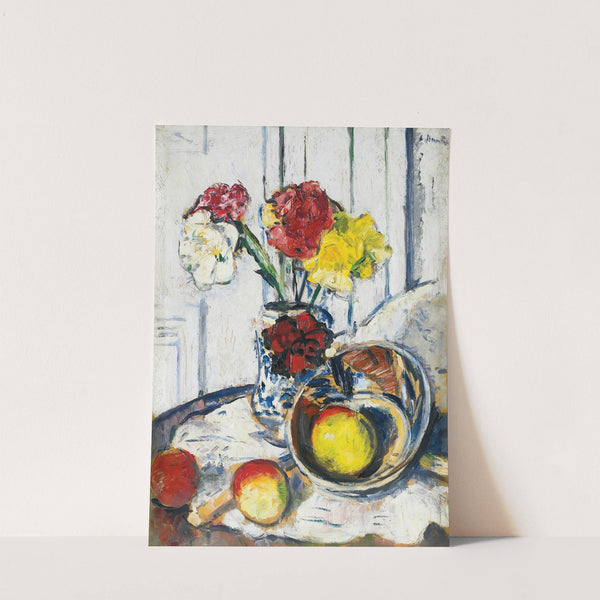 Still Life Of Apples And Flowers In A Blue Vase by George Leslie Hunter