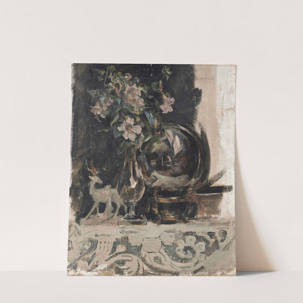 Still life of flowers, a statue and a globe on a mantelpiece by James Jebusa Shannon