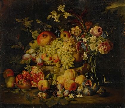 Still life of flowers and fruits, including pomegranates, peaches, and grapes