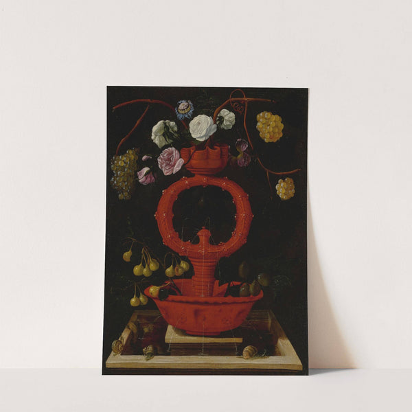 Still life of flowers and grapes in an elaborate ceramic vase, with snails along the bottom ledge by Juan de Espinosa
