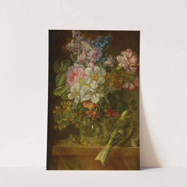 Still Life Of Flowers, Bird And Grasshopper On A Ledge by German School