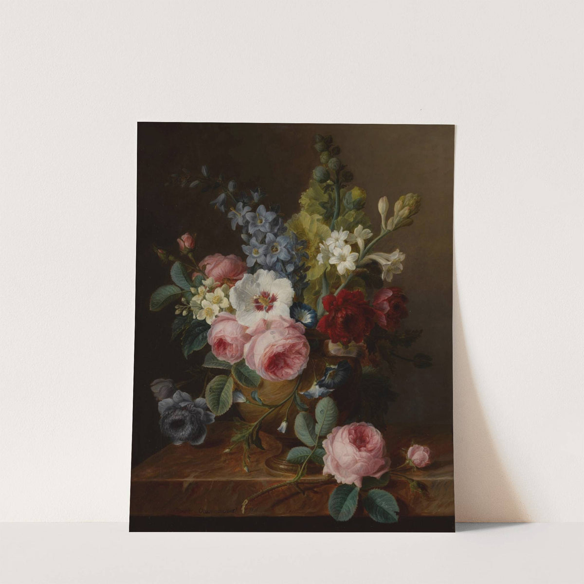 Still life of flowers in a vase on a marble ledge, including roses, hibiscus, bellflowers, hollyhocks, and anenomes by Cornelis van Spaendonck