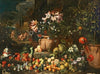 Still life of flowers with fruits, putti and animals