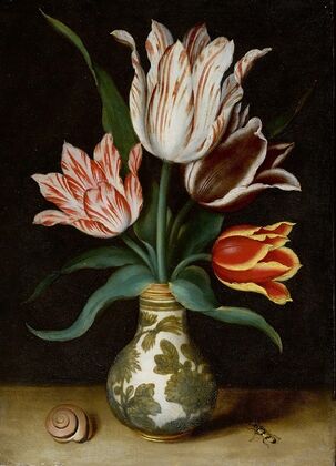 Still Life Of Four Tulips In A Wan-Li Porcelain Vase — size preview