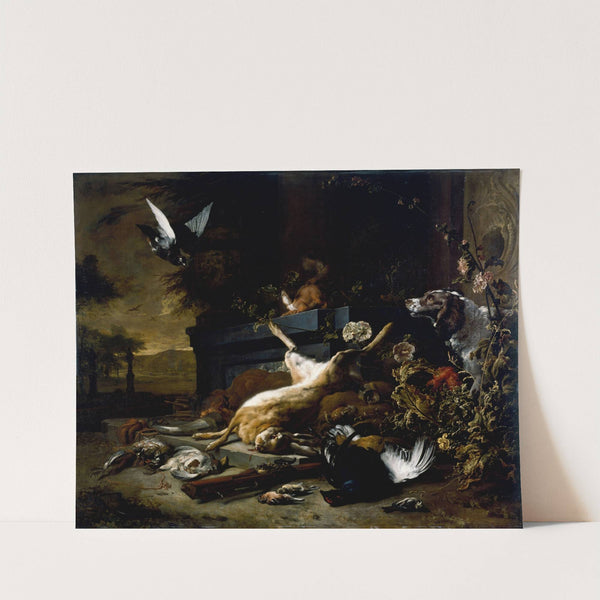 Still Life of Game including a Hare, Black Grouse and Partridge, a Spaniel looking on with a Pigeon in Flight by Jan Weenix