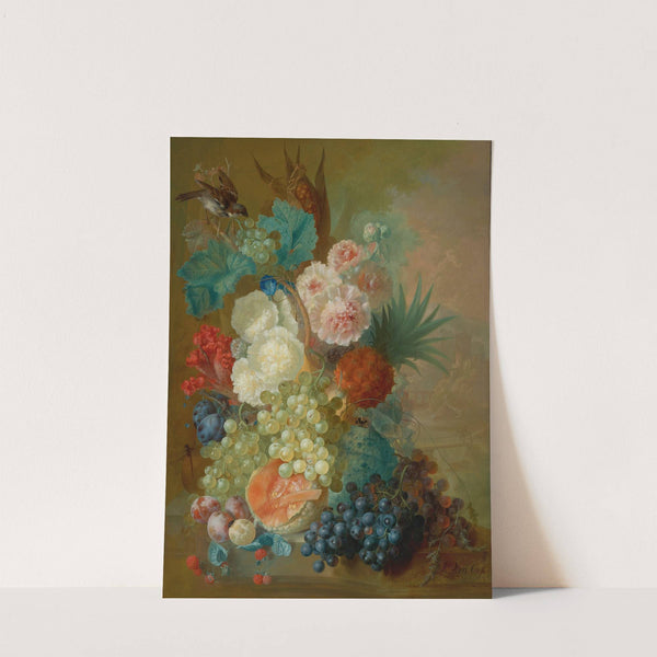 Still Life Of Peonies, A Cock's Comb And Morning Glories With A Pineapple, Ear Of Corn, Melons, Grapes, Plums And Raspberries by Jan Van Os