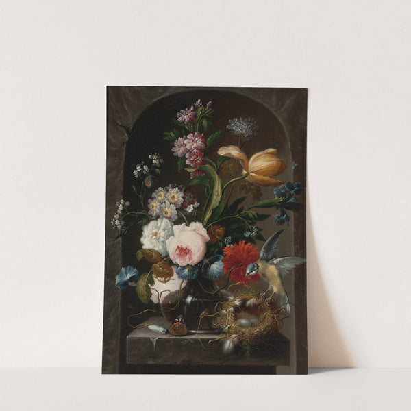 Still Life Of Roses, Morning Glories, Primroses, A Tulip And Other Flowers In A Glass Vase, With A Bird And Bird’s Nest (1789) by Johann Baptist Drechsler