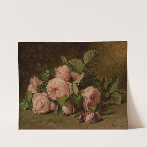 Still life of roses on mossy ground by Adriana Johanna Haanen