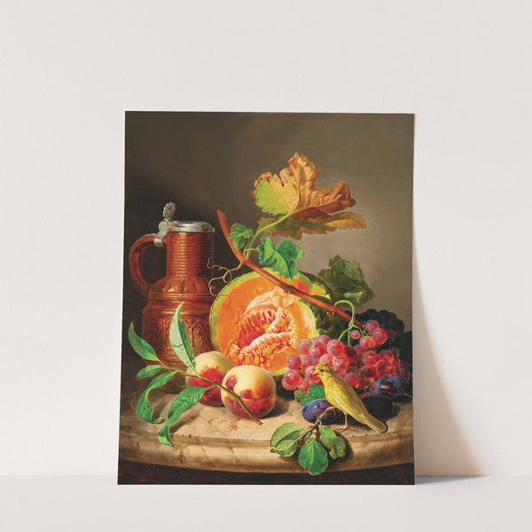 Still Life on a Marble Top with a Pumpkin, Grapes, a Peach and a Canary by Josef Lauer