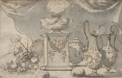 Still Life; Vases, a Cassolette on a Pedestal, and an Overturned Basket of Fruit