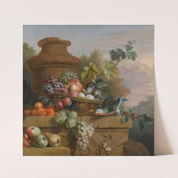 Still Life With A Basket Of Fruit, A Parrot And An Urn On A Carved Stone Ledge by Follower of Jakob Bogdány