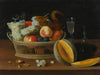 Still Life With A Basket Of Fruit And A Squirrel, Glasses, And A Cut Melon On A Tabletop