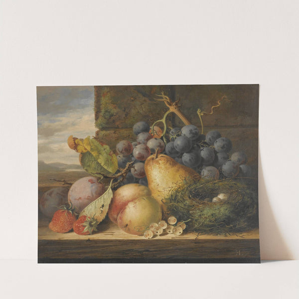 Still Life With A Bird's Nest, A Pear, A Peach, Grapes, Strawberries And Plums by Edward Ladell