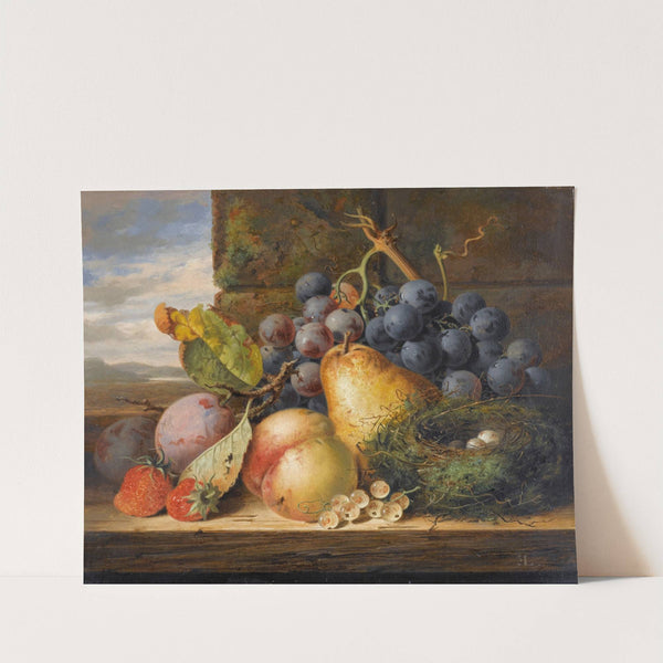Still Life With A Bird’s Nest, A Pear, A Peach, Grapes, Strawberries And Plums by Edward Ladell
