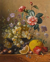 Still life with a camelia spray, cornflowers and grapes in a silver bowl, with nuts, an orange and red peppers, all on a marble ledge