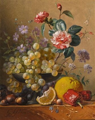 Still life with a camelia spray, cornflowers and grapes in a silver bowl, with nuts, an orange and red peppers, all on a marble ledge