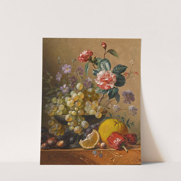 Still life with a camelia spray, cornflowers and grapes in a silver bowl, with nuts, an orange and red peppers, all on a marble ledge by Georgius Jacobus Johannes van Os