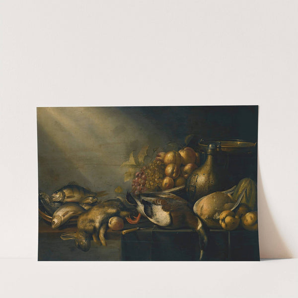 Still life with a dead hare and duck, fish, vegetables and an earthenware flagon, on a draped table by Harmen Steenwyck