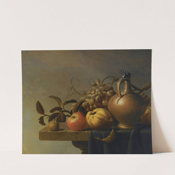 Still Life With A Ewer And Some Fruit On A Partly-Draped Stone Ledge by Harmen Steenwyck