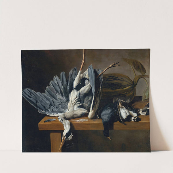 Still Life With A Grey Heron And Other Birds On Ledge by Dirck De Horn