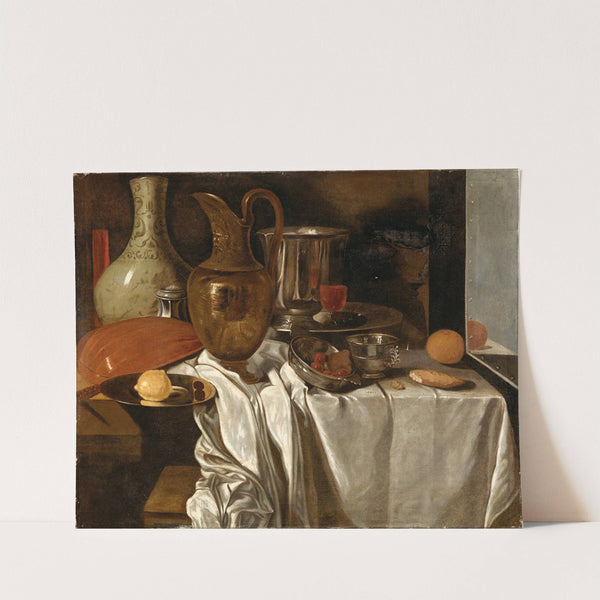 Still life with a jug, a tray with a lemon, a lute, a ceramic vessel and other objects on a table by Andrè Bouys