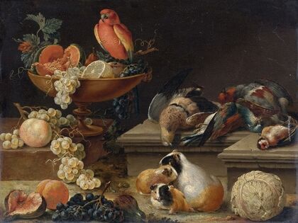Still Life With A Parrot, Game Fowl, Guinea Pigs And Fruit
