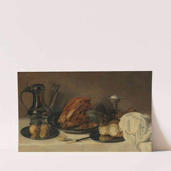 Still Life With A Pewter Jug, A Ham On A Pewter Plate, Lemons, Bread, A Gilt Mounted Roemer And Other Objects On Table Covered In A White Cloth (1627) by Franchoys Elaut