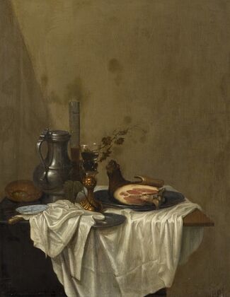 Still life with a pewter jug, roemers and a leg of ham, together on a table draped with a white tablecloth — size preview