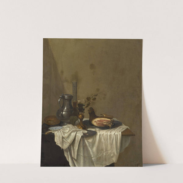 Still life with a pewter jug, roemers and a leg of ham, together on a table draped with a white tablecloth by Gerrit van Vucht