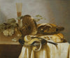 Still Life With A Pie, A Half-Peeled Lemon, Bread, Hazelnuts, Grapes, A Glass And An Overturned Tazza On A Table