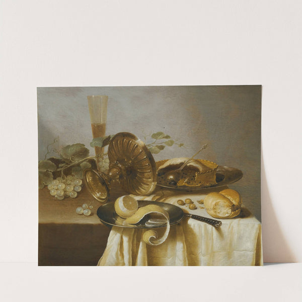 Still Life With A Pie, A Half-Peeled Lemon, Bread, Hazelnuts, Grapes, A Glass And An Overturned Tazza On A Table by Adriaen Jansz. Kraen