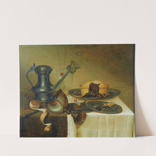 Still Life With A Pitcher, A Lemon, A Pie And A Nautilus Cup On A Wooden Ledge by Maerten Boelema De Stomme