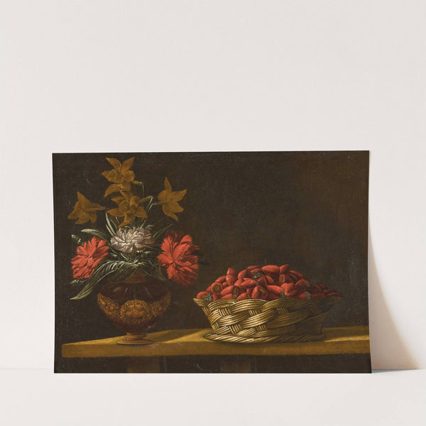 Still life with a vase of flowers and a basket of strawberries on a table top by Spanish School
