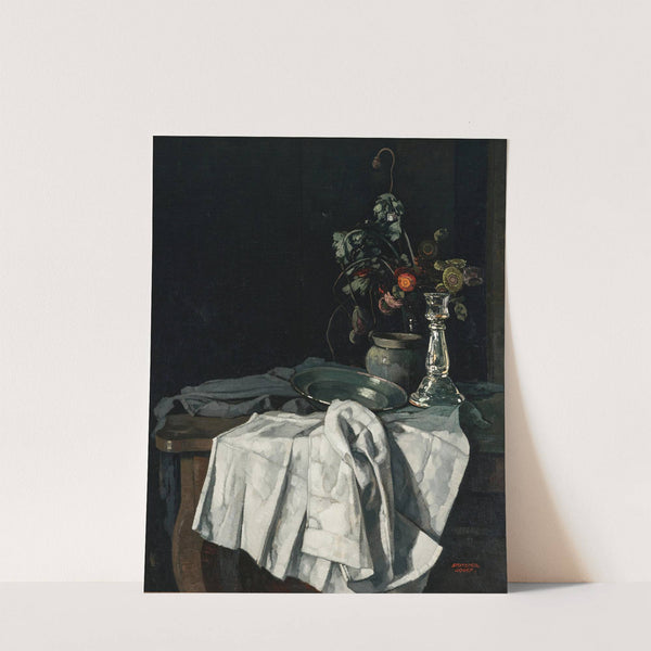 Still life with a white tablecloth and a silver candlestick (c. 1935) by Josef Stoitzner