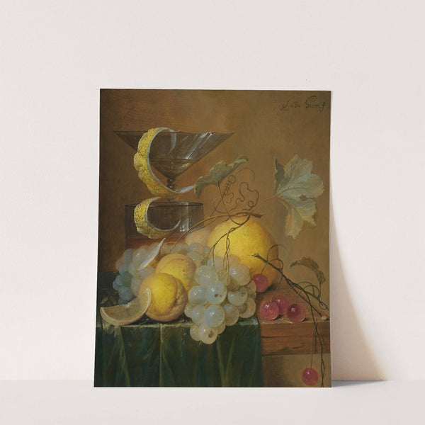 Still Life With A Wine Glass, Lemon Peel, Peaches, Grapes And Cherries On The Corner Of A Partly Draped Wooden Table by Jan Davidsz de Heem