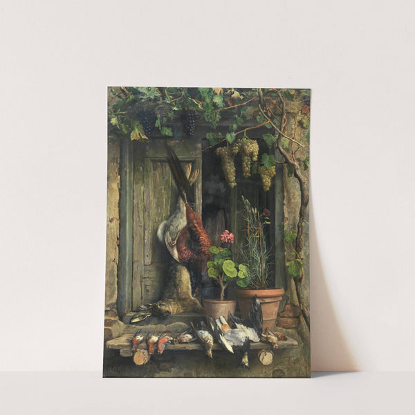 Still Life with Birds, a Hare, Carnations and Geraniums in a Pot under a Vine by Aurelio Zingoni