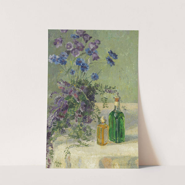 Still life with blue flowers and two bottles on a table (1907) by Gerda Wegener