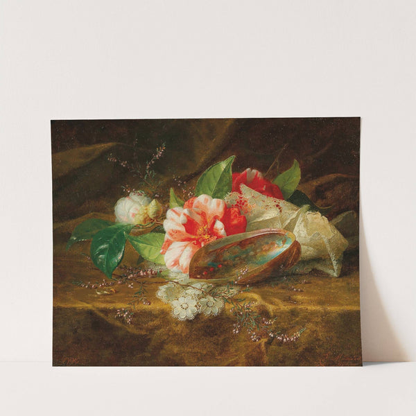 Still life with camellia, a shell and a lace doily by Jules Ferdinand Médard