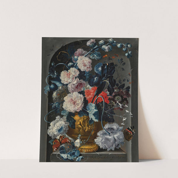 Still life with carnations, roses, hollyhocks and other flowers in a sculpted bronze urn with butterflies in an alcove by Johann Baptist Drechsler