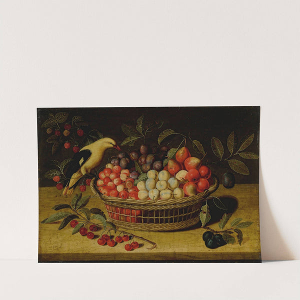 Still life with cherries, plums, raspberries and other fruits in a basket, with a yellow bird by Paul Dorival