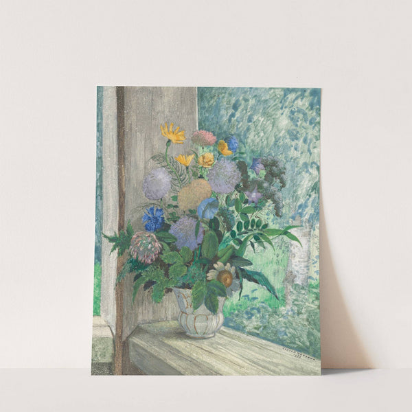 Still life with chrysanthemums, bellflowers, cornflowers and daisies in a white vase (1926) by Sergey Chekhonin