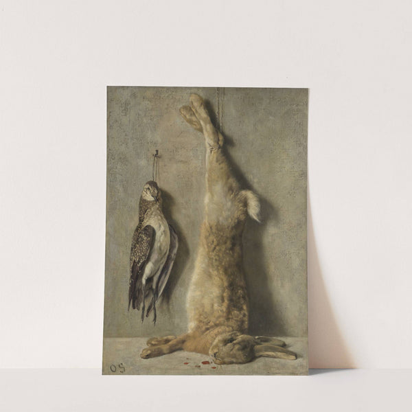 Still Life with Dead Hare and Guinea Fowl in Front of a Grey Wall by Otto Scholderer