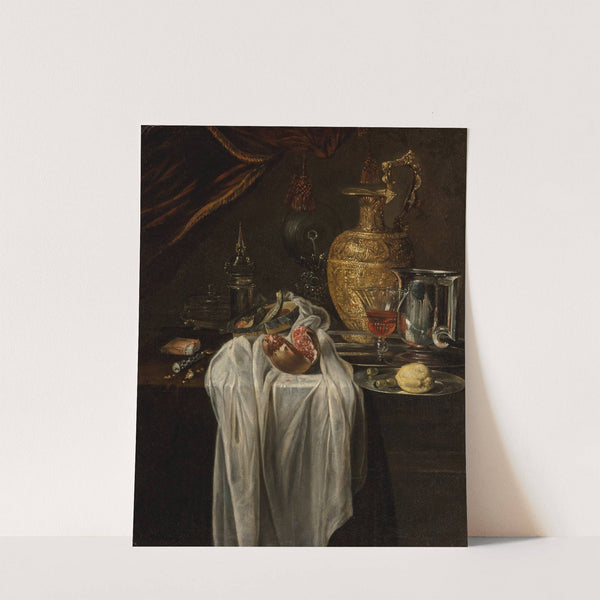 Still life with ewer, vessels, lemon, marzipan and pomegranate by Circle of Willem Kalf