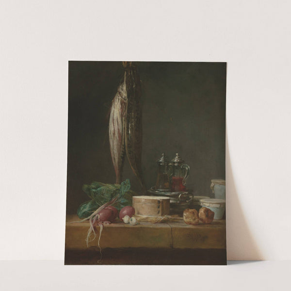 Still Life with Fish, Vegetables, Gougères, Pots, and Cruets on a Table by Jean Siméon Chardin