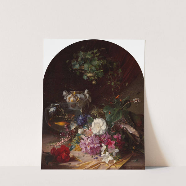 Still life with flowers, a porcelain vase, and a goldfish bowl by Elise Puyroche-Wagner